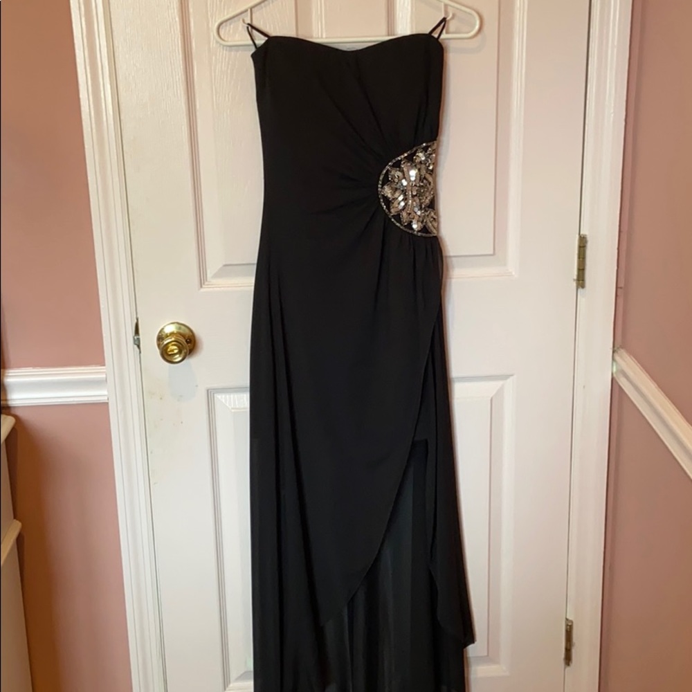Strapless high-low dress with sheer bottom